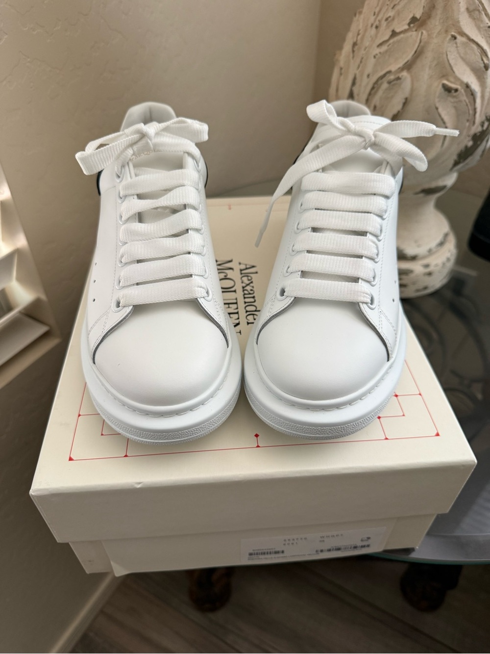 Alexander McQueen White Oversized-Sole Leather Sneakers with Black Heel Tab